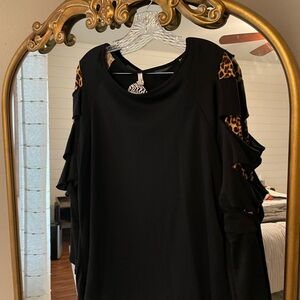 Black Ruffle Sleeve Top with Leopard Accents